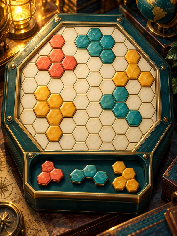 Painted hexagonal puzzle board with cream, teal, amber and coral pieces in a brass-edged case beside a lantern.