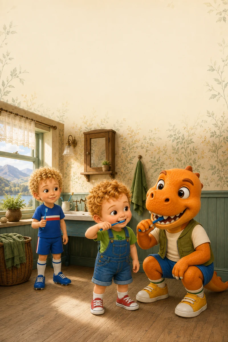 Victor and Rex brushing their teeth, with Xavier beside them