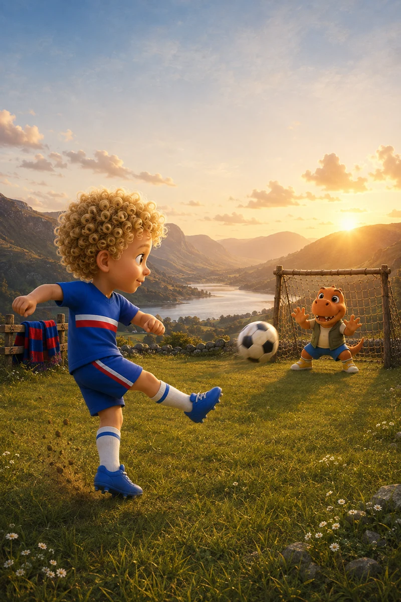 Xavier kicks a football towards Rex's goal above a Cumbrian lake