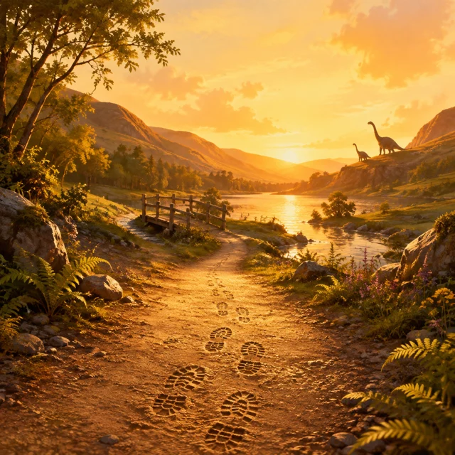 Two sets of footprints follow a sunlit trail together