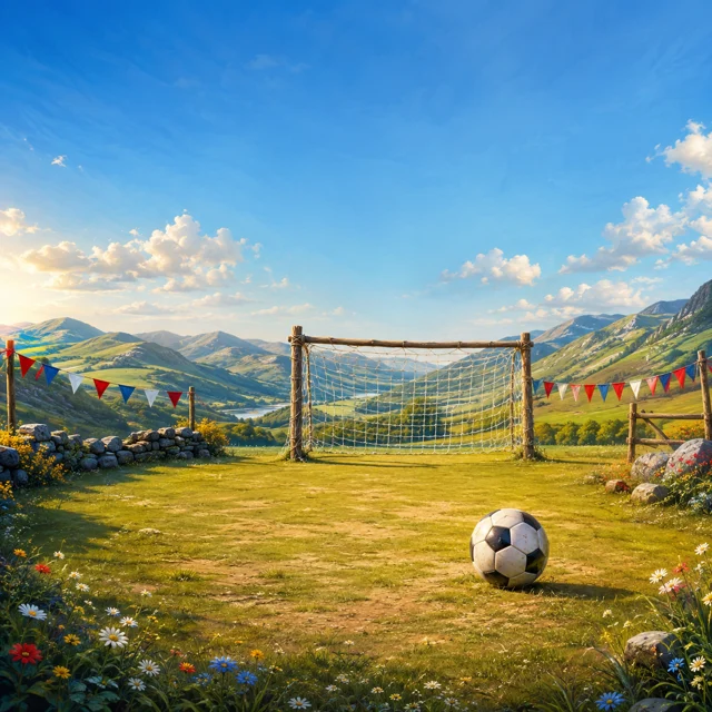 A football field tucked into the sunlit valley
