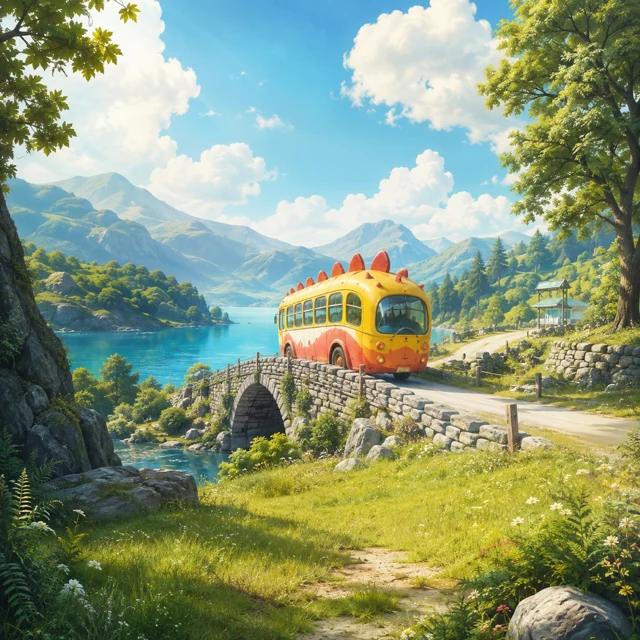 A cheerful dinosaur bus crosses a stone bridge beside the lake