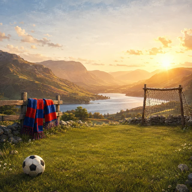 A football, scarf and goal beside a Cumbrian lake