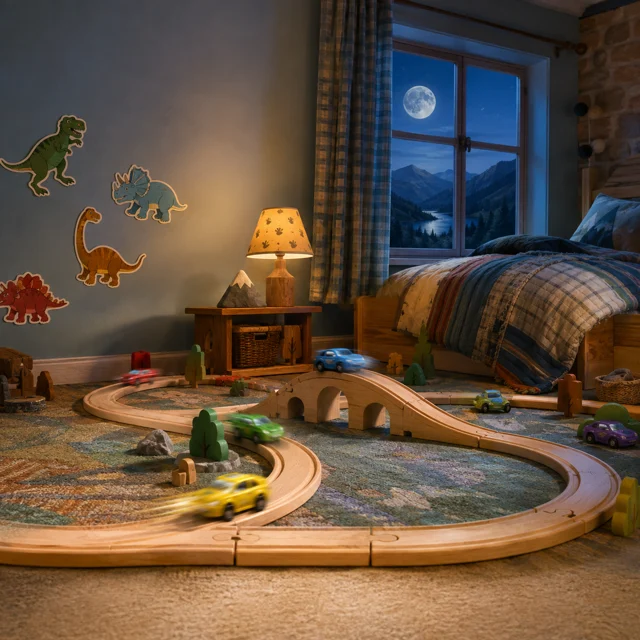 Colourful toy cars race around a wooden track in a cosy room