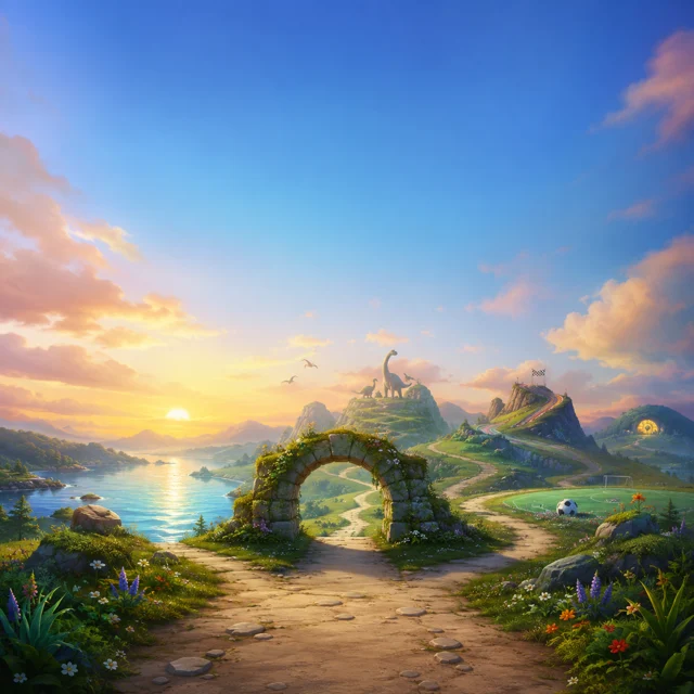 A sunlit path through Adventure Valley towards a stone arch, lake and mountains