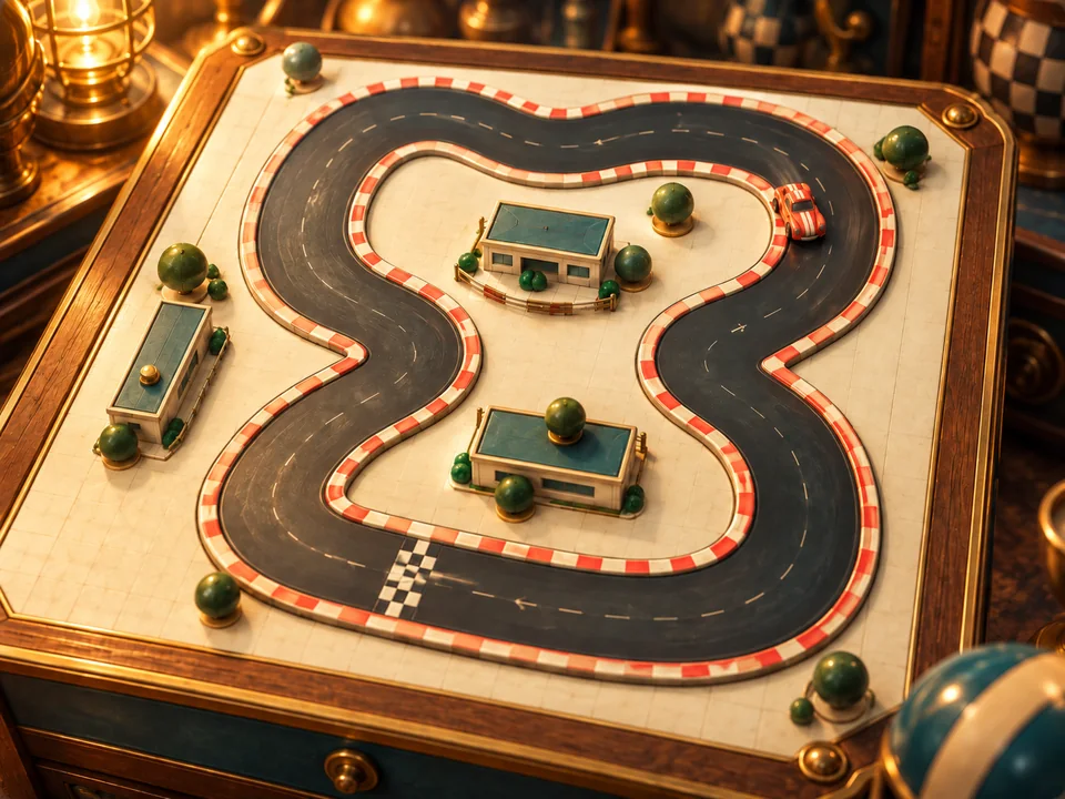 Illustrated cover: a toy race car on a looping tabletop circuit