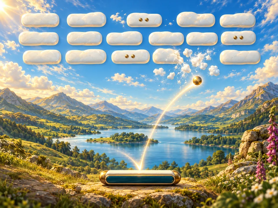 Illustrated cover: a golden ball breaking rows of clouds above a lake valley