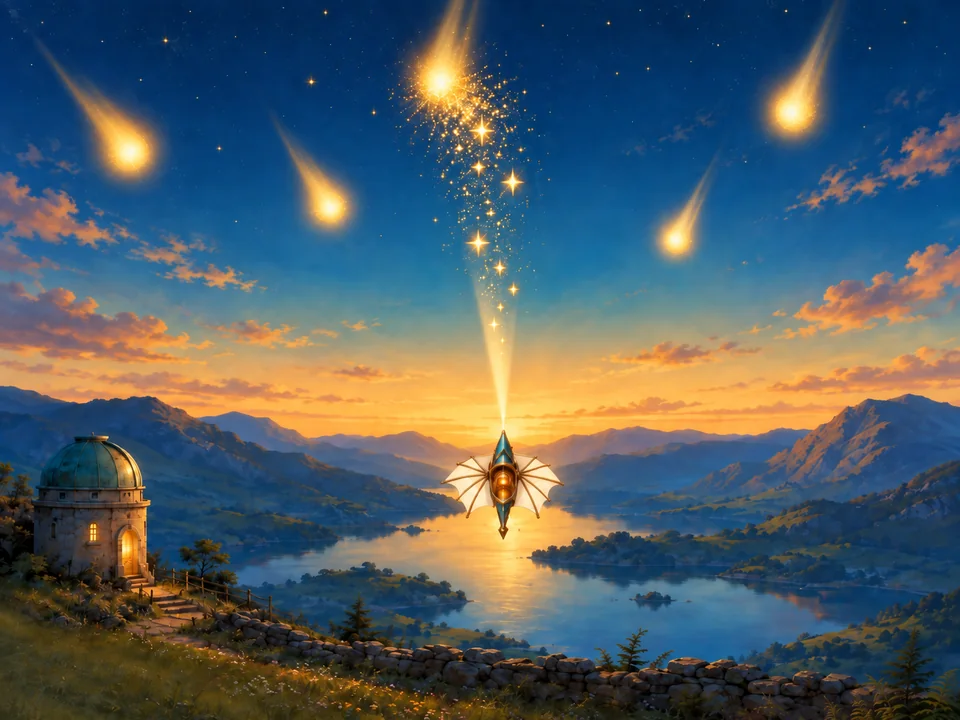 Illustrated cover: a sail-glider catching falling comets of light over a lake at dusk