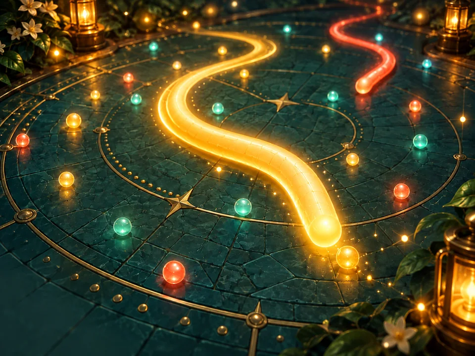 Illustrated cover: a golden glowing trail gathering orbs in a night garden arena