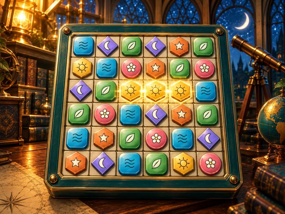 Illustrated cover: an enamel match-three board with a sunburst in an observatory loft