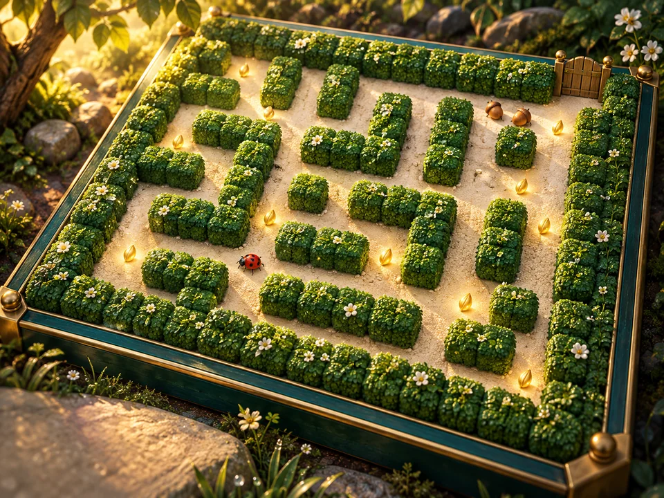 Illustrated cover: a ladybird in a garden hedge maze dotted with golden glow seeds