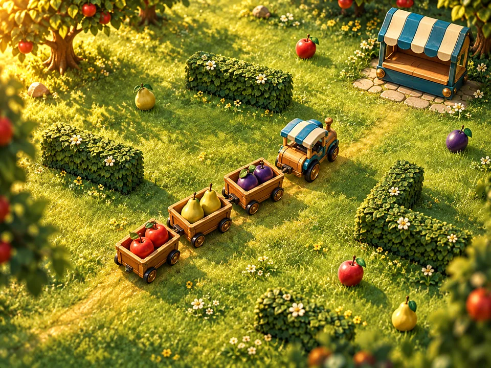 Illustrated cover: a little harvest cart pulling fruit wagons through a meadow