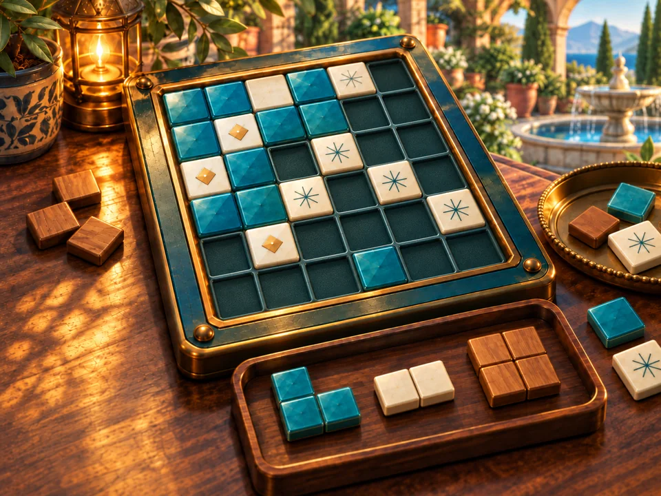 Illustrated cover: a half-finished tile board with square tile pieces waiting in a tray