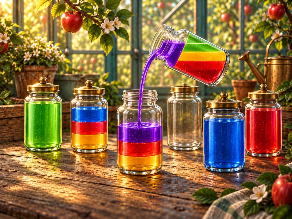 Illustrated cover: layered fruit juice poured between glass jars in a glasshouse