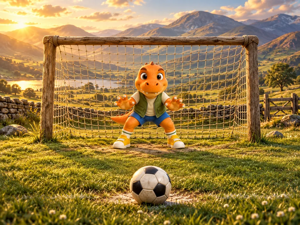 Illustrated cover: Rex the dinosaur ready in goal with a football on the penalty spot