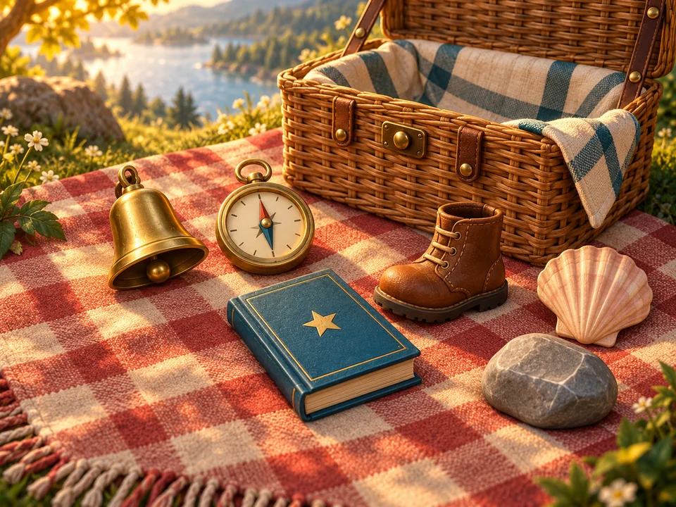Illustrated cover: a picnic basket with a bell, compass, rock, book, boot and shell