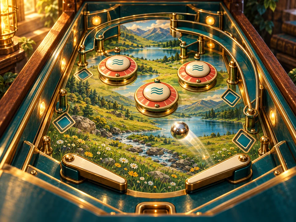 Illustrated cover: a meadow valley pinball table with bumpers, flippers and a silver ball