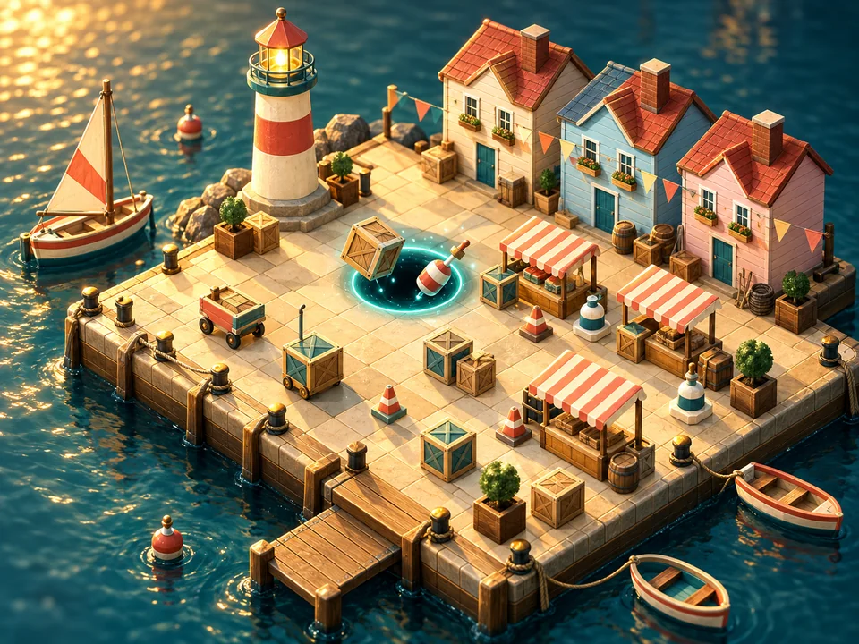 Illustrated cover: a toy harbour quay where a glowing pocket swallows crates and buoys