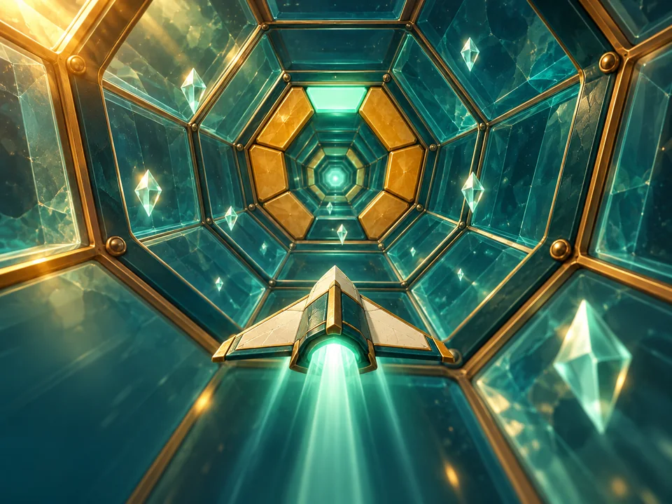 Illustrated cover: a small craft flying through a glowing gate in a tunnel of light
