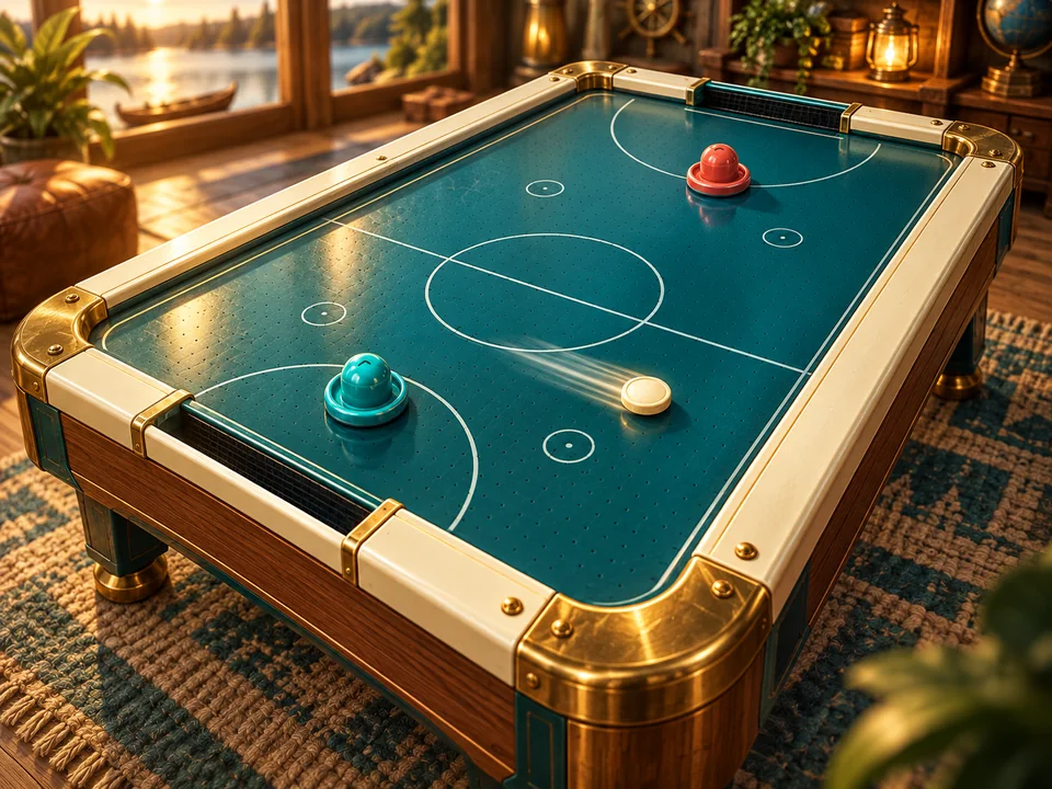 Illustrated cover: a teal air hockey table with two strikers and a gliding puck