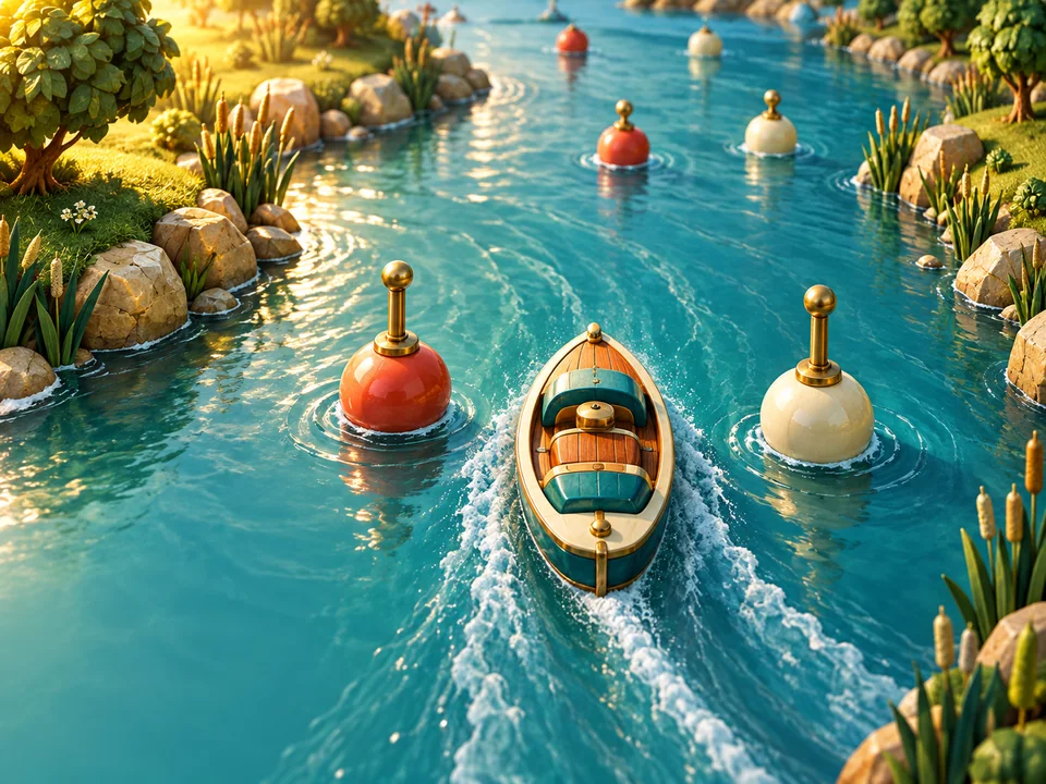 Illustrated cover: a small boat steering between buoys on a sunny river