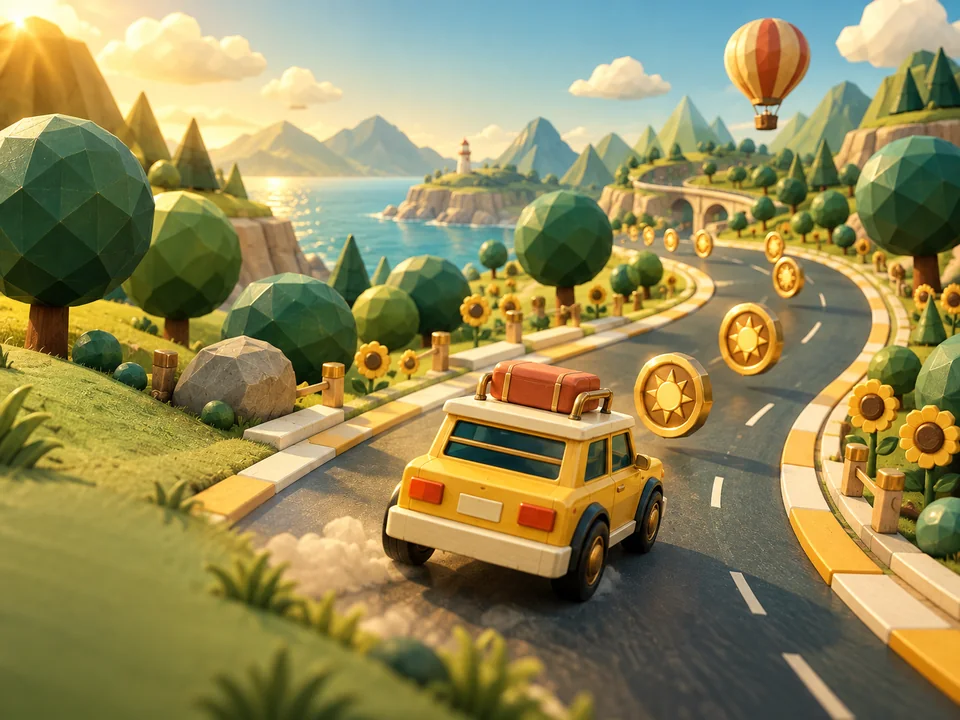 Illustrated cover: a yellow toy rally car collecting golden suns on a country road