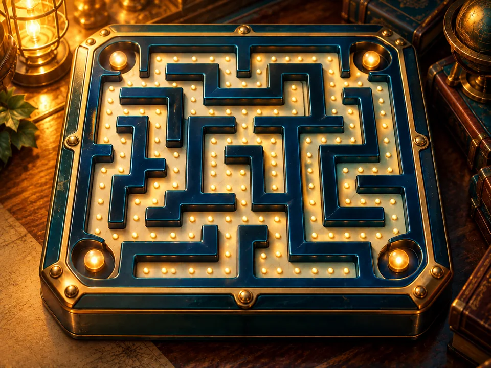 Illustrated cover: a glowing arcade maze board lined with dots