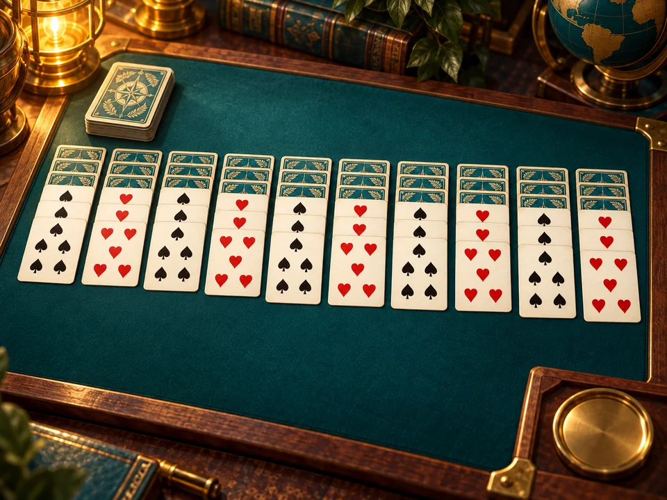Illustrated cover: ten columns of playing cards on a teal felt card table