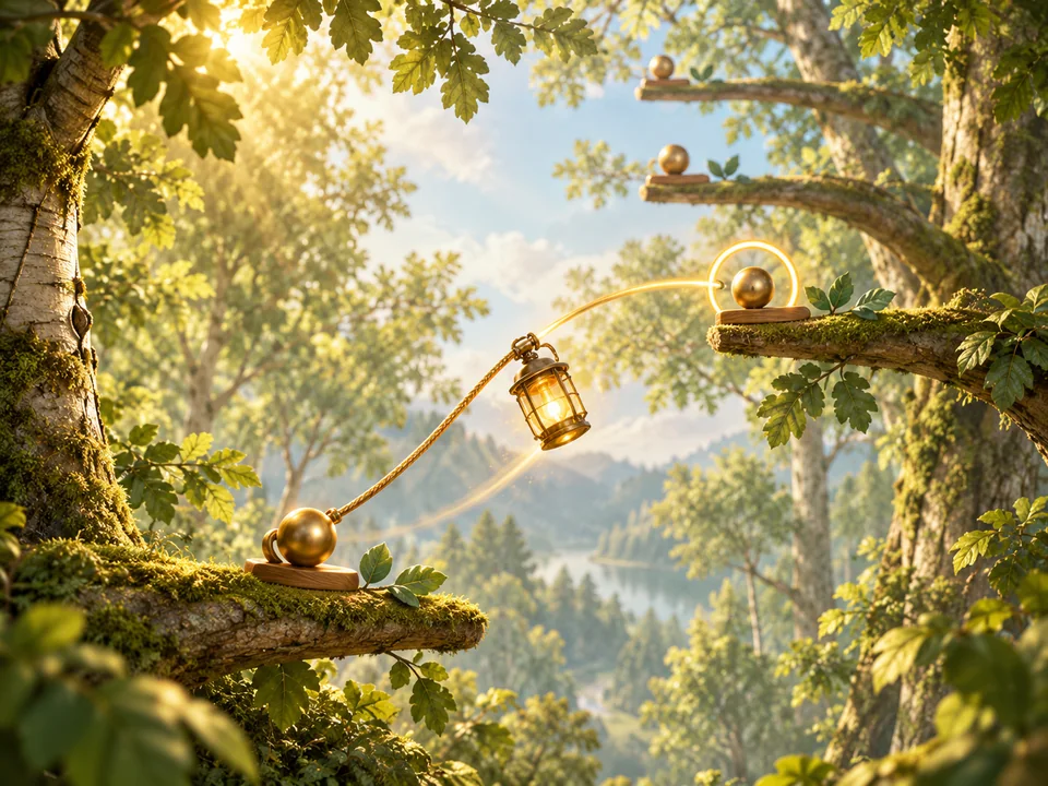 Illustrated cover: a glowing lantern on a cord swinging up between branches
