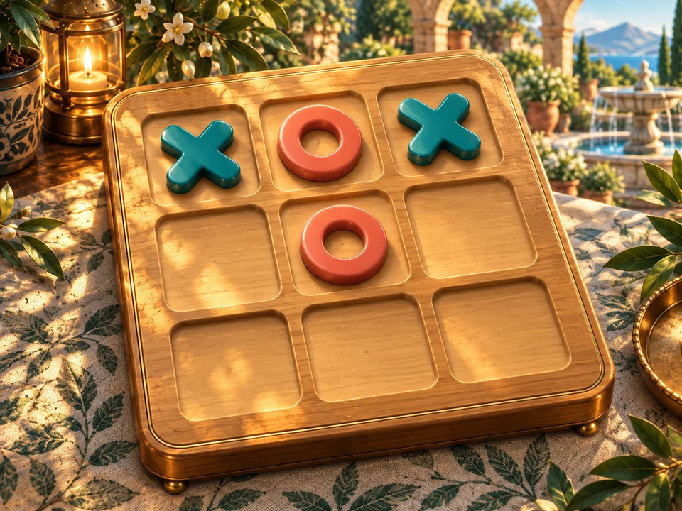 Illustrated cover: the Pebble Duel wooden three-by-three board with teal X pieces and coral O rings in golden garden light