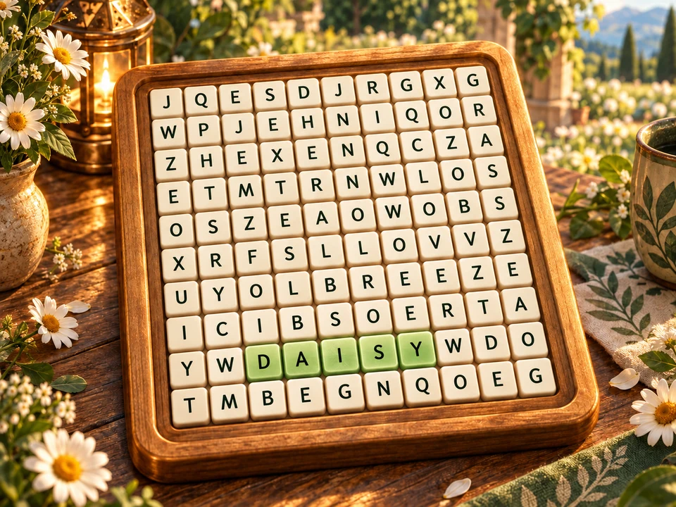 Illustrated cover: the Trail Letters cream letter grid in a wooden tray, with DAISY highlighted beside meadow flowers