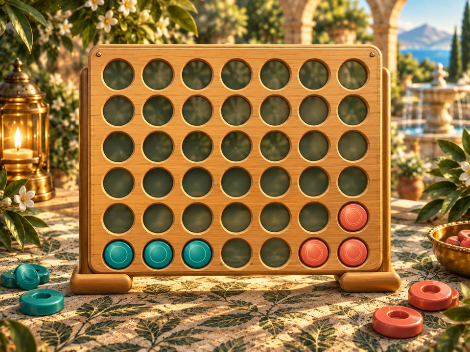 Illustrated cover: the Pebble Four seven-column wooden board with teal and coral discs in golden garden light