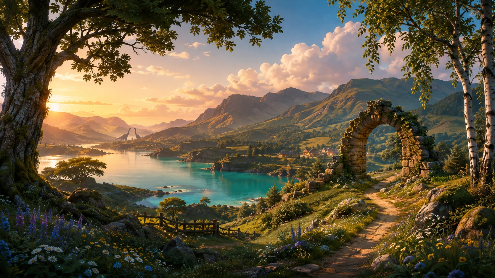 Golden clouds above a Cumbrian lake, green fells, distant dinosaurs and a stone gateway into Adventure Valley