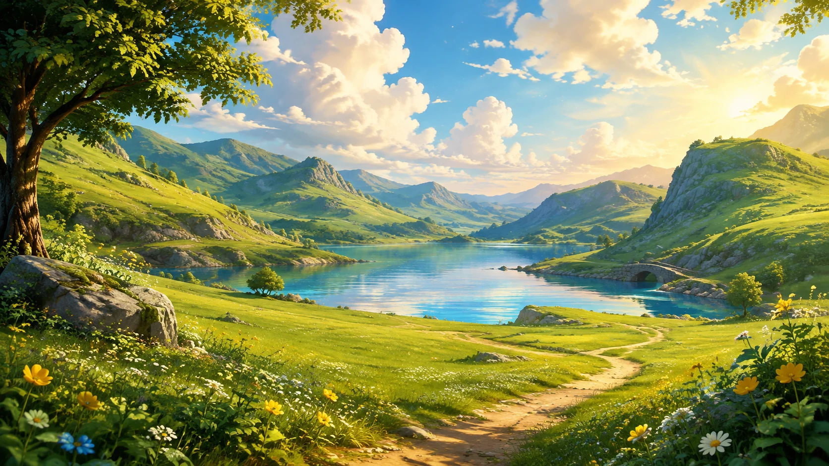 Golden sunlight across the lake, mountains and wildflowers of Adventure Valley.