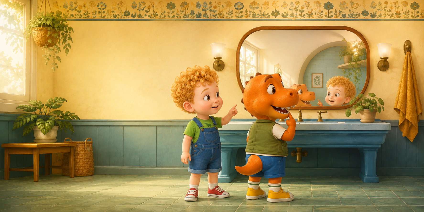 They looked in the mirror together. Top teeth, bottom teeth, side teeth too. Up and down, round and round.