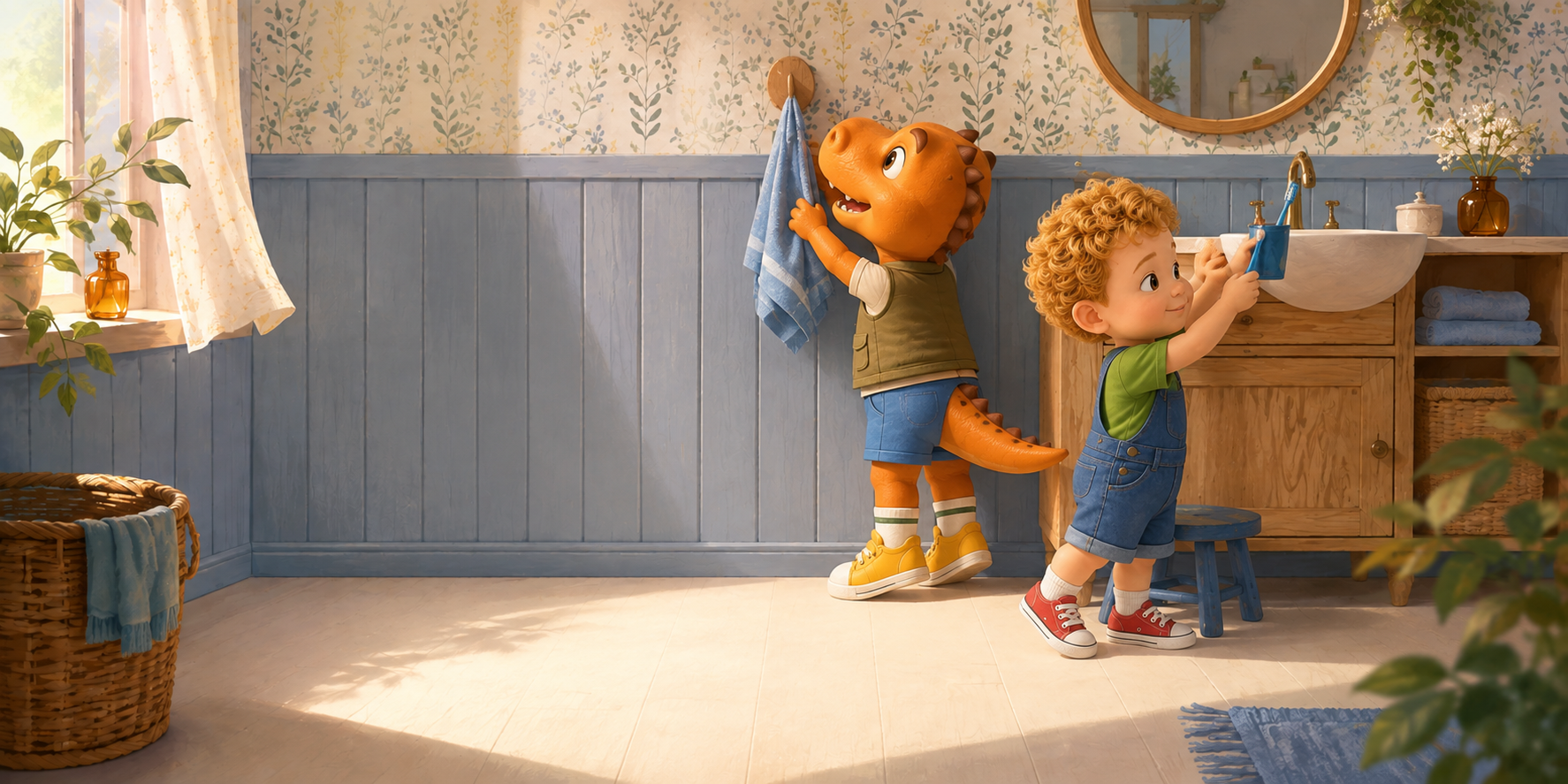 Victor put the brush back. Rex put the towel on its hook. “We did it together,” they said.
