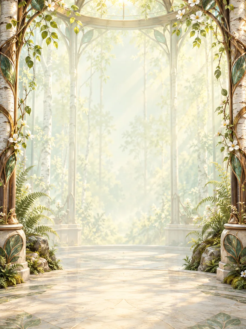 Sunlight falls through birches and a crafted botanical conservatory.