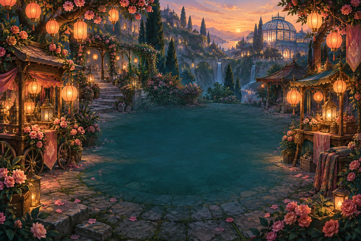 A painted lantern fair among roses, terraces and a glowing glasshouse