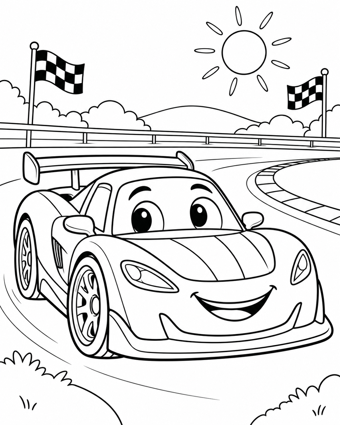 Original race car colouring page that appears in Paint Parade.