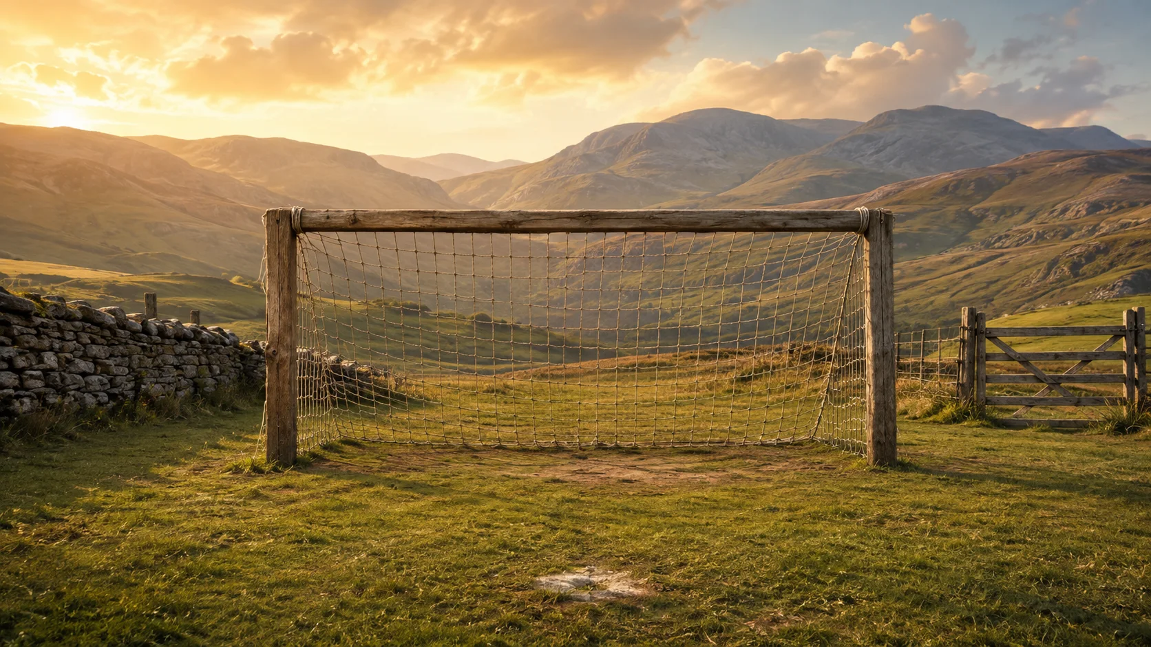 A wooden goal on a grassy practice field, with dry-stone walls and golden Cumbrian hills beyond.