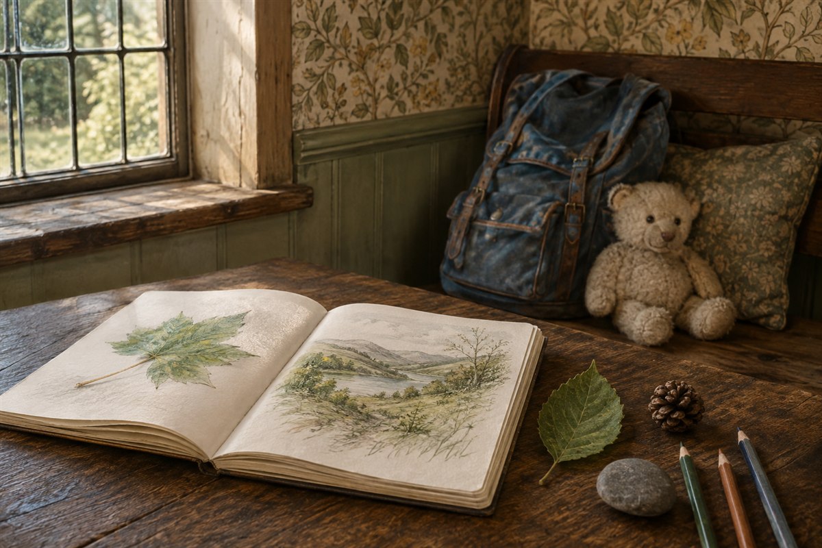 An open sketchbook, leaf, pine cone, pebble and pencils on a cottage table, with a blue backpack and teddy behind.